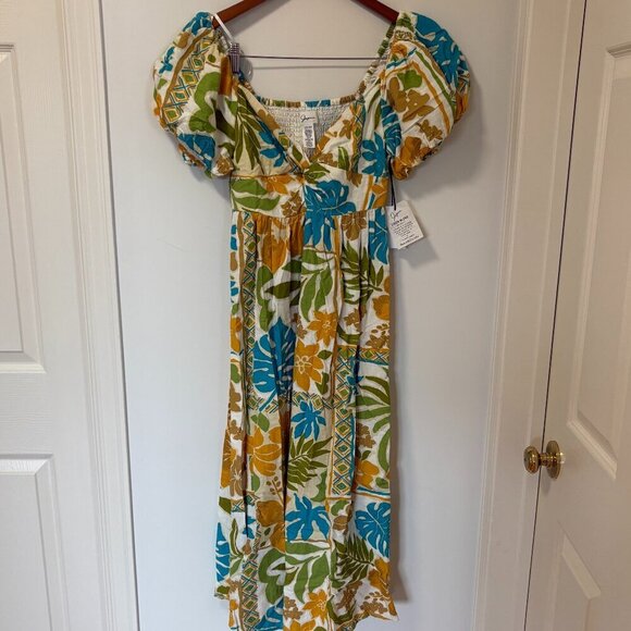 Japna Midi Dress Off white blue green Floral Size XS NWT Puffy Sleeves Linen - Picture 1 of 9